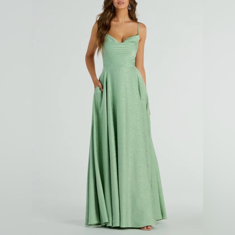 Windsor green satin floral prom dress